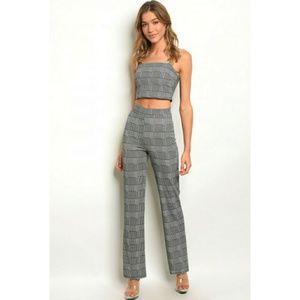 Black White Plaid Crop Top and Pants Set